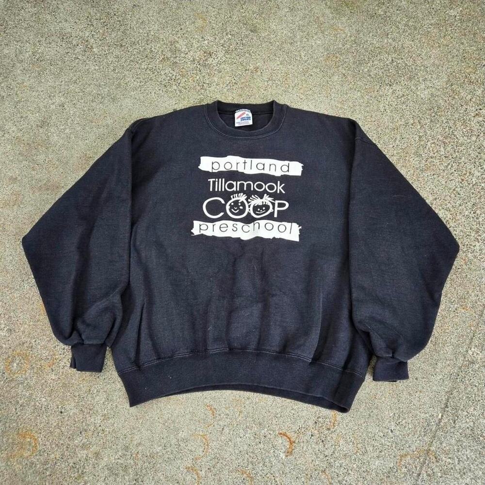 Vtg 90s PORTLAND PRESCHOOL Tillamook Co Op School Crewneck Sweatshirt Black XL